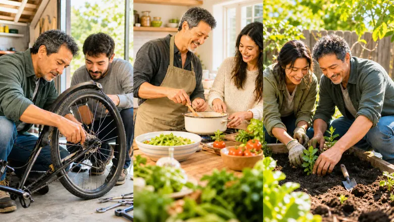 Family learning from one another across generations in a bright home and garden
